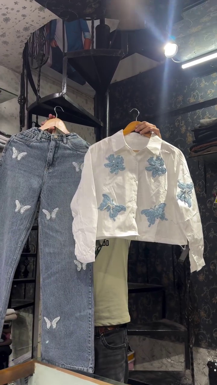 Trendy Butterfly Denim & Shirt Co-Ord Set for Women 🦋💙 | Korean Style Wide Leg Jeans with Embellished Crop Shirt | XXS–XXL Available