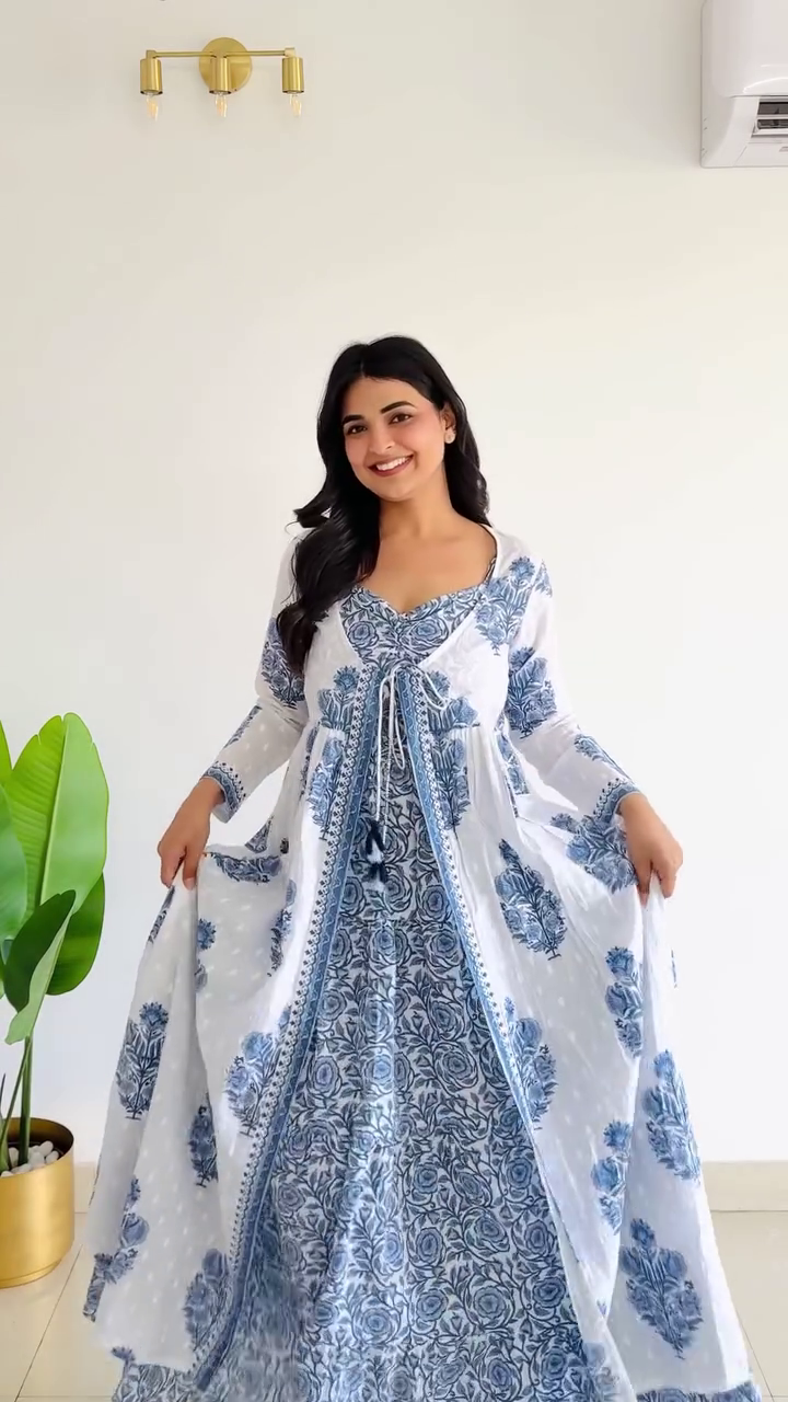 Premium Blue & White Floral Anarkali Gown for Women 💙🤍 | Elegant Ethnic Party Wear Dress | Designer Flared Kurti | XXS–XXL Available