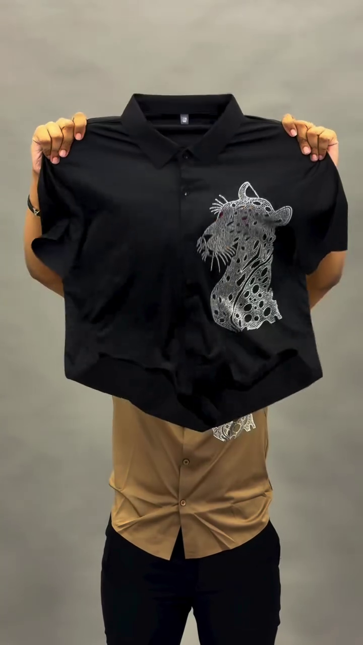 Men’s Black Graphic Printed Casual Shirt | Premium Leopard Artwork Oversized Shirt for Men | Korean Streetwear Half Sleeve Fashion Shirt