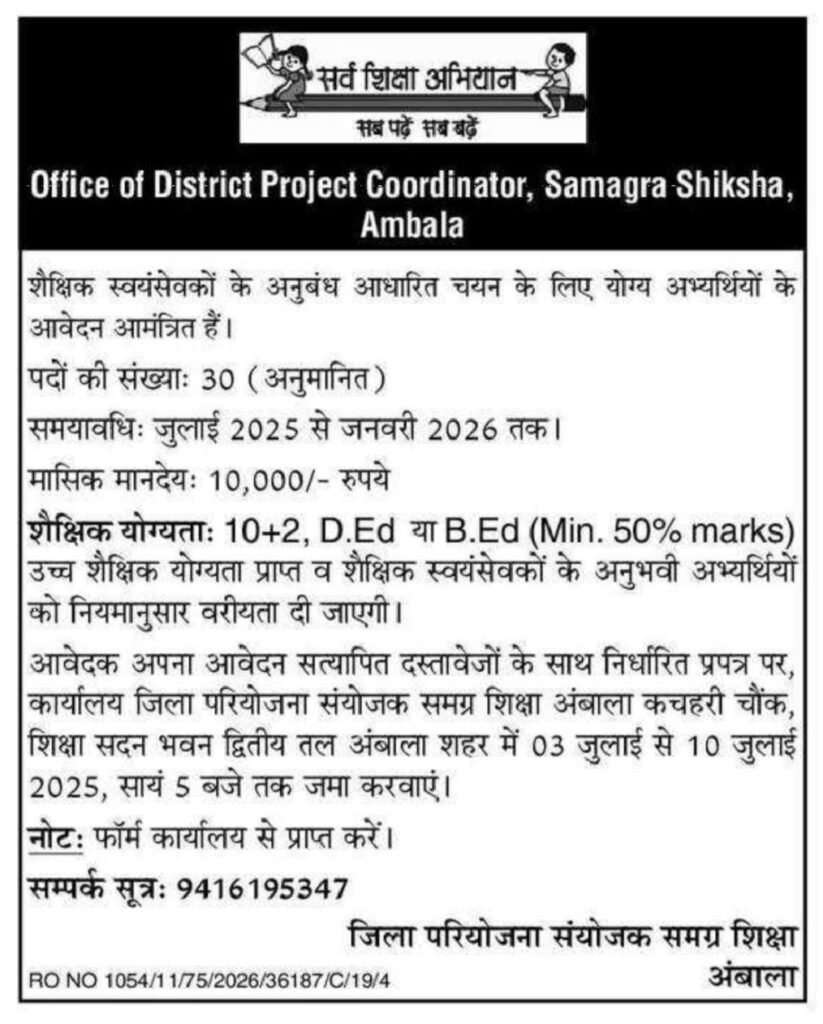 Samagra shiksha Ambala Vacancy 2025 Notification