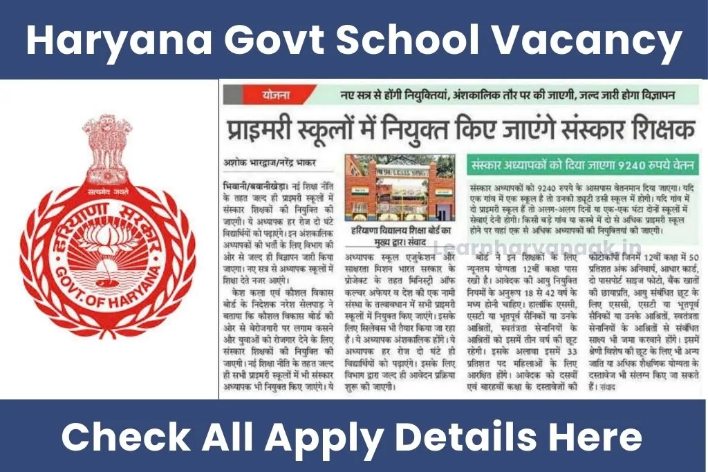 Haryana Govt School Vacancy 2025 Notification, Apply Dates