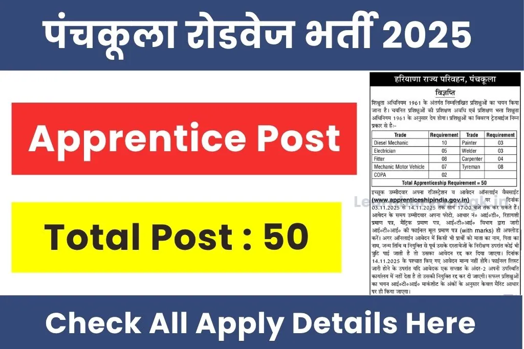 Panchkula Roadways Vacancy 2025 Notification Out For Various Apprentice Post